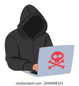 Shadowy Hacker Character Figure, Cloaked In A Hood, Types Intently On A Laptop With A Skull Sign, Symbolizing Danger Or Hacking In The Digital Underworld. Cartoon People Vector Illustration