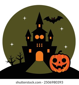 Shadowy Haunted Castle with Pumpkin and Bat - Classic Halloween Scene.