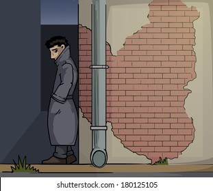 Shady Character Hiding In A Shadows Next To A Brick Wall, Vector Illustration