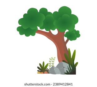 shady green trees with grass and rocks cartoon illustration