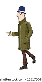 shady suspicious character with top hat and log coat pointing, vector illustration