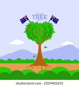 Shady tree with two Australian flags in outdoor environment, with bold text to commemorate National Tree Day in August in Australia