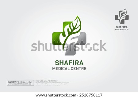 Shafira Medical Centre Vector Logo Template. Cross and leaf symbol vector design logo. This Logo template is suitable for Beauty salon, Yoga, Wellness and Spa resort companies.