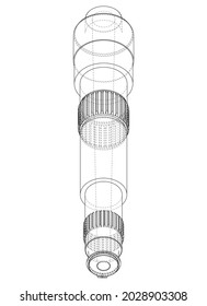 Shaft with gear wheel. Vector rendering of 3d. Wire-frame style. The layers of visible and invisible lines are separated. Orthography