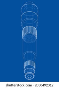 Agitar con la rueda de engranajes. Representación vectorial de 3d. Estilo de marco de cables. Las capas de líneas visibles e invisibles están separadas. Ortografía
