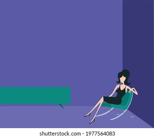 Shag art style vector of a bored woman on a comfy chair