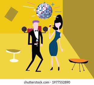 Shag art style vector of a couple dancing and drinking wine