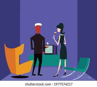 Shag art style vector of a couple drinking wine and chatting in front of a tv