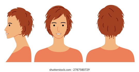 Shag hairstyle flat vector front back profile views, layered hair shape messy texture composition for avatar, beauty app, interface, fashion illustration