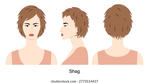 Shag hairstyle vector front back profile views, layered hair shape messy texture composition for beauty salon, hairdresser reference, fashion illustration, hairstyle selection