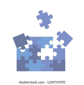 Shages of blue jigsaw puzzle pieces. Colorful flat vector illustration. Isolated on white background.
