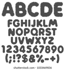 Shaggy black and white alphabet, letters, numbers and signs. Isolated vector objects on white background.