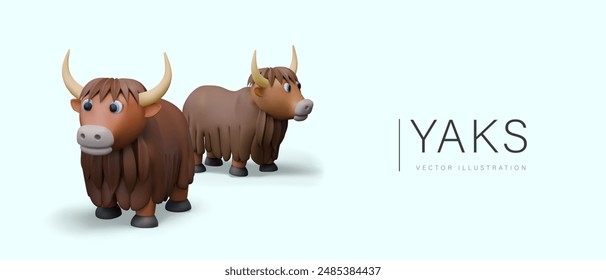 Shaggy bull with long horns. Large wild ungulate herbivore. Pair of realistic yaks