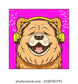 Der fröhliche Hund in gelben Kopfhörern hört Musik. Cartoon-Stil. Quadratisches Symbol, Emblem. Gesättigter rosafarbener Hintergrund. Vektorgrafik