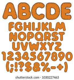 Shaggy color alphabet, letters, numbers and signs. Isolated vector objects on white background.