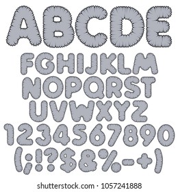 Shaggy color alphabet, letters, numbers and signs. Isolated vector objects on white background.