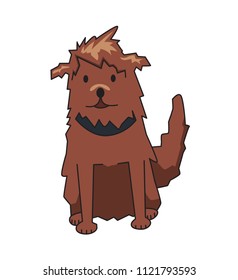 Shaggy cur pet with collar, front view. Funny smiling shaggy dog cartoon character. Flat vector illustration. Isolated on white background.