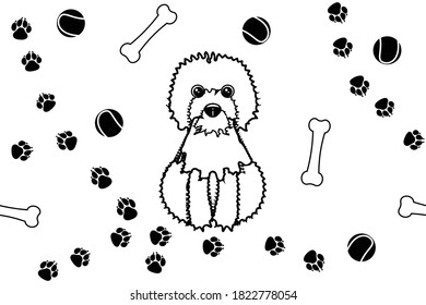 Shaggy dog, her footprints and toys - bone and ball, seamless pattern on a white background