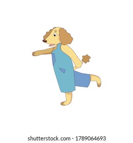 Shaggy dog or Poodle in blue overalls on white isolated background made in Doodle design style, vector stock illustration for prints, stickers, patterns, emblems or elements of design for websites.
