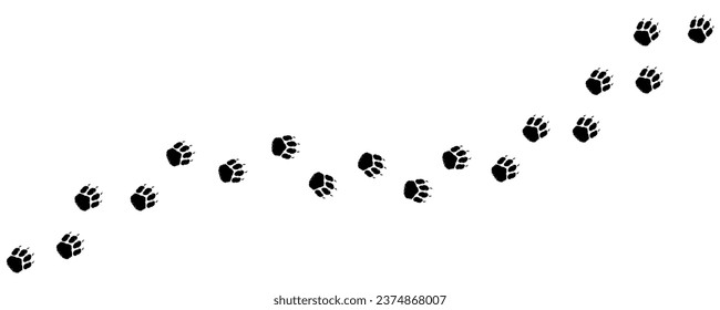 Shaggy dog or puppy path foot prints. Dog paws diagonal track, silhouette. Walking Shepherd, Retriever, Spitz, Chow Chow, Chihuahua, Labrador, Terrier, Beagle, Collie. Dog steps Vector isolated Pet