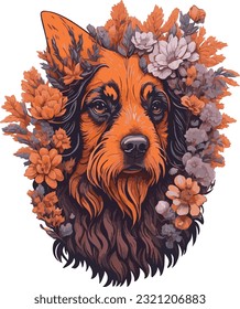 Shaggy dog surrounded by flowers and autumn leaves