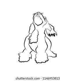 Shaggy dog vector illustration. Black and white contour sits dog, lifting his head up, isolated on white background. Positive pet. Illustration drawn in the style of freehand drawing.