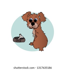 Shaggy dog vector illustration.  Brown dog sitting near a bowl  with bone, isolated on background. Positive pet. Illustration drawn in the style of freehand drawing.
