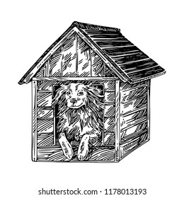 Shaggy dog in wooden doghouse. Sketch. Engraving style. Vector illustration.