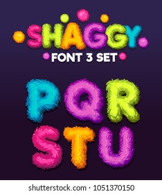 Shaggy font 3 set cartoon letters. Vector color illustration sign p, q, r, s, t, u