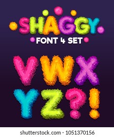 Shaggy font 4 set cartoon letters. Vector color illustration sign v, w, x, y, z