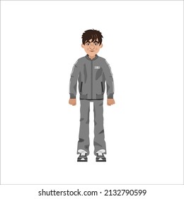 A shaggy, man in an animation tracksuit. Vector illustration of a man dressed in dirty and crumpled clothes. All details on separate layers with names