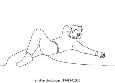 shaggy man lies relaxed with his leg bent and his hand under his head - one line drawing. the concept of idle mood, weekend, laziness, relaxation