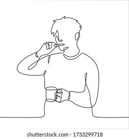 shaggy man in pajamas brushes his teeth and holds a glass. One continuous line art concept of morning preparations: for work, meeting, negotiations, urgent business. Can be used for animation.