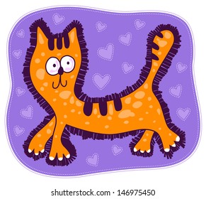 Shaggy red cat with big eyes on a purple background with hearts.