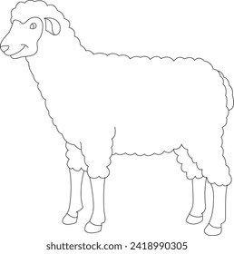 Shaggy sheep black and white vector line art illustration