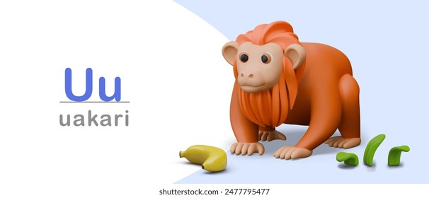 Shaggy uakari on letter U study card. Horizontal color page of English alphabet