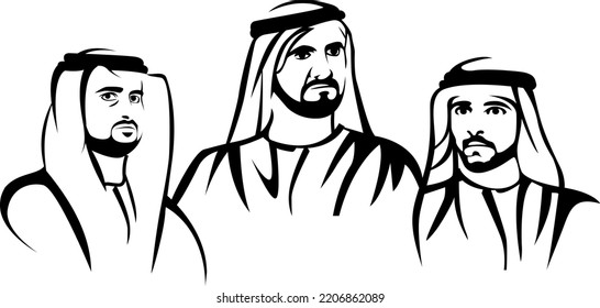 Shaikh Mohammed bin Rashid Al Maktoum, Shaikh Hamdan bin Mohammed Al Maktoum, and Maktoum bin Mohammed Al Maktoum rulers of Dubai vector illustration isolated