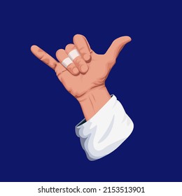 Shaka bjj hand sign with gi sleeve and finger tapes realistic vector illustration in flat style. Surfing hand sign. Isolated.	