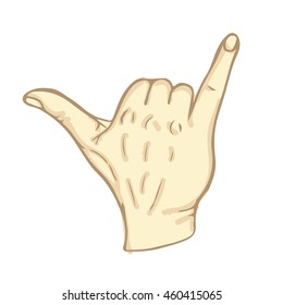 Shaka gesture. Nice symbol with little and big finger. Vector color illustration in a realistic 3d style. Object hand in Doodle. Isolated on white background. Eps10. For different design. 