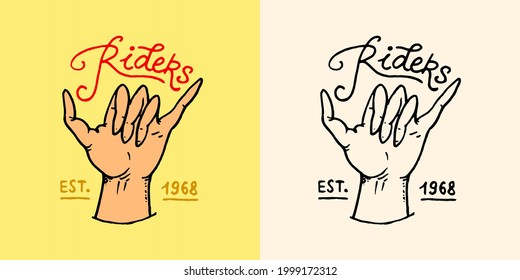  Shaka Hand emblem. Summer Surf logo. Surfers hand gesture. Surfing the waves symbol. Vintage Engraved emblem. drawn poster or banner