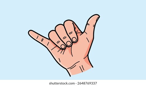 Shaka hand gesture conveying cool relaxed and friendly vibes with simple line art illustration on a light blue background