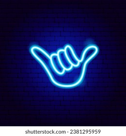 Shaka Hand Neon signieren. Surfer Hallo. Vektorgrafik des Glühzeichens.