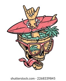 Shaka hand on the skull illustration