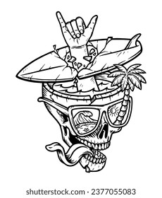 Shaka hand on the skull line illustration