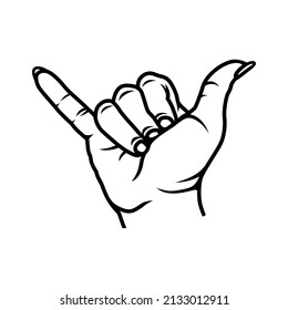 Shaka hand, on white background. Design element for logo, poster, card, banner, emblem, t shirt. Vector illustration