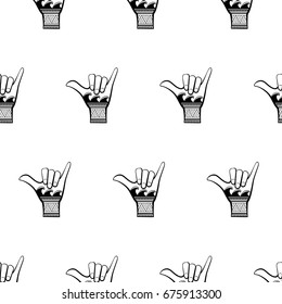 Shaka hand seamless pattern design in black and white color. Monochromatic hand gesture background.
