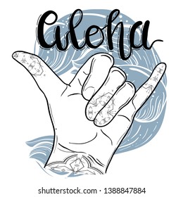 Shaka hand sign with lettering "aloha", grunge t-shirt surfing print.