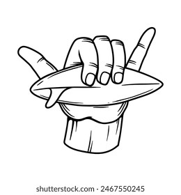 Shaka hand sign. Surfers hand with surfing board. Vector illustration