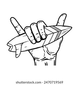 Shaka hand sign. Surfers hand with surfing board. Vector illustration