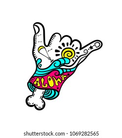 Shaka Hand Surf Schild Vektorillustration.Cartoon Hang Loose Hand Gestures.Surfwellen.Handgezeichnete Vektorillustration Hand mit Knochen.Zombie.Kitesurfen und Windsurfen. Wakeboarding.Einfache Farbe